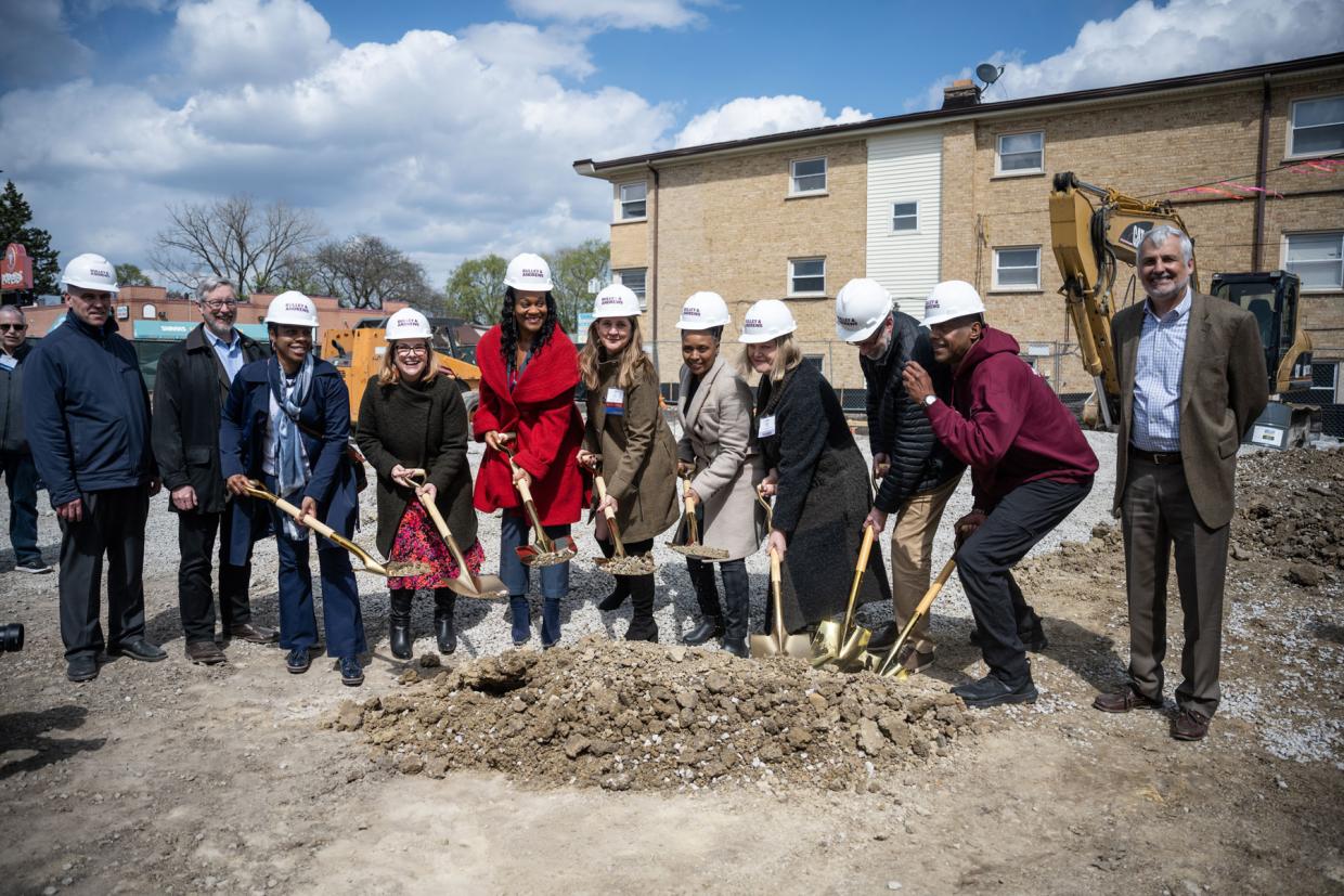 Pictured is Perkins & Will’s Mark Jolicoeur, Bulley & Andrews’ senior project manager Antonia Winfrey, Illinois Housing Development Authority communications director Amy Lee, Senator Kimberly Lightford, Housing Forward chief executive officer Lynda Schueler, Village of Broadview mayor Katrina Thompson, Housing Forward board president Heidi Vance, Bulley & Andrews’ project executive Michael Cottick, and Mark Jones.