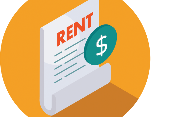 orange circle with a piece of white paper and the word RENT in orange font